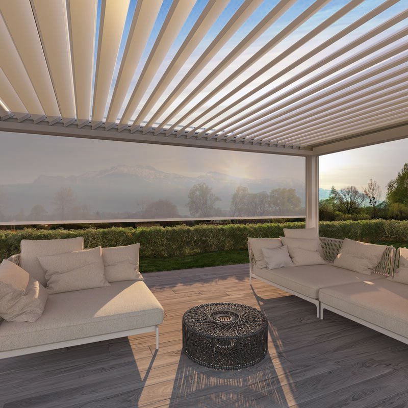 A modern terrace with a pergola structure, featuring stylish seating and a scenic background.