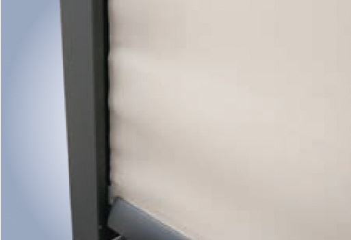 Beige fabric with a sleek black frame, suggesting a mounted sun protection solution.