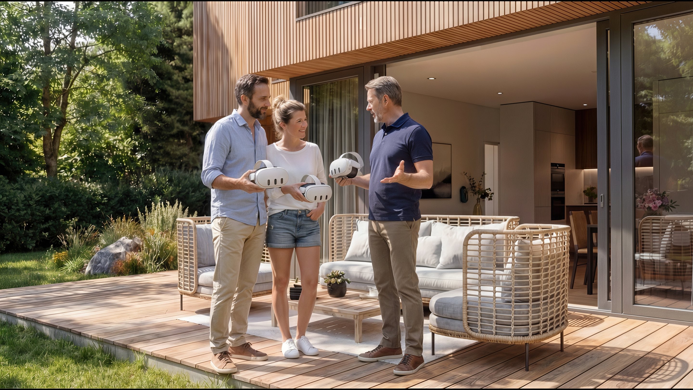 Three people on a wooden deck discussing while holding items, with greenery in the background.