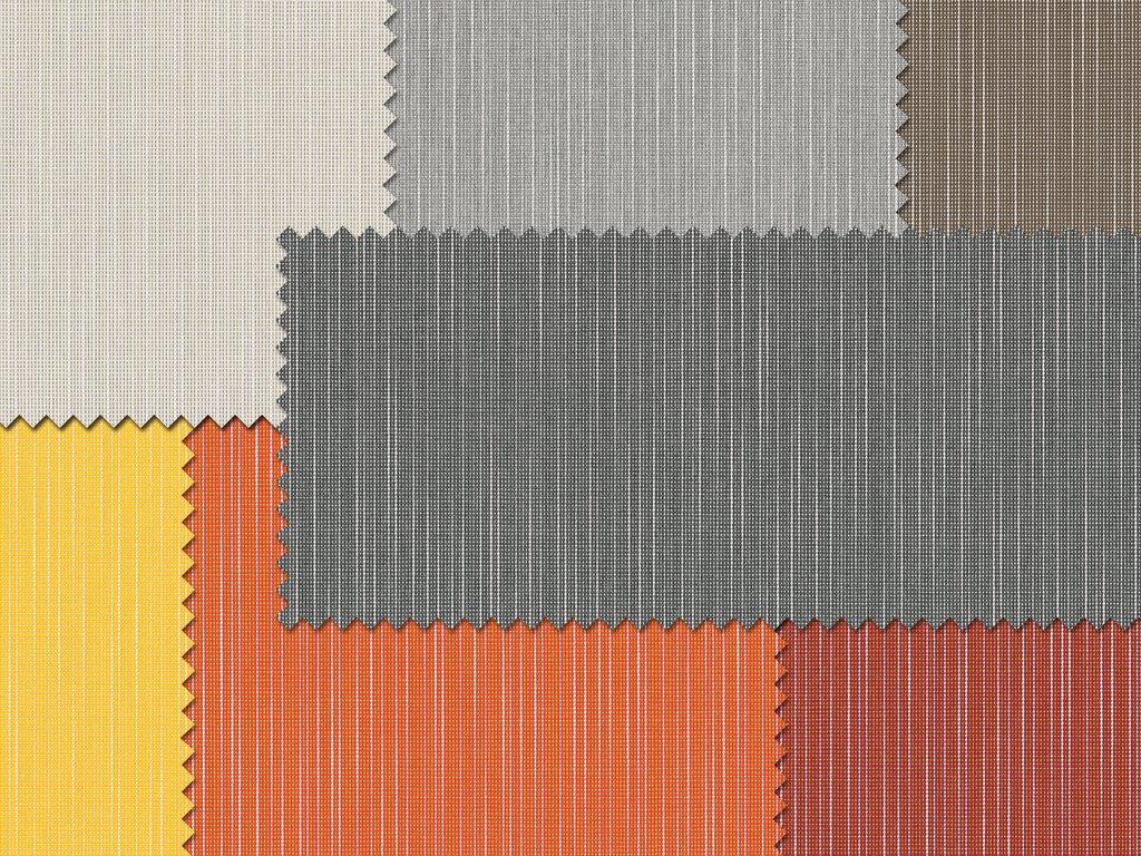 Fabric swatches in various colours including grey, white, yellow, orange, and brown with jagged edges. Fabric swatches in various colours including grey, white, yellow, orange, and brown with jagged edges.