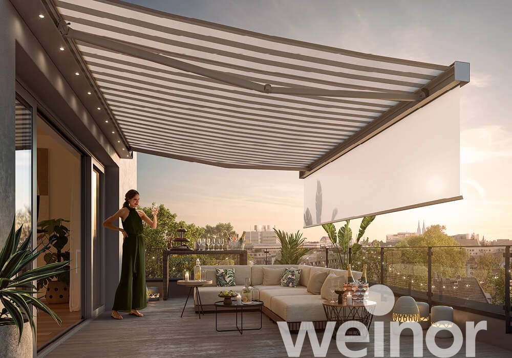 Cassette awning weinor Smaila with VarioShade Valance, with LED spotlights