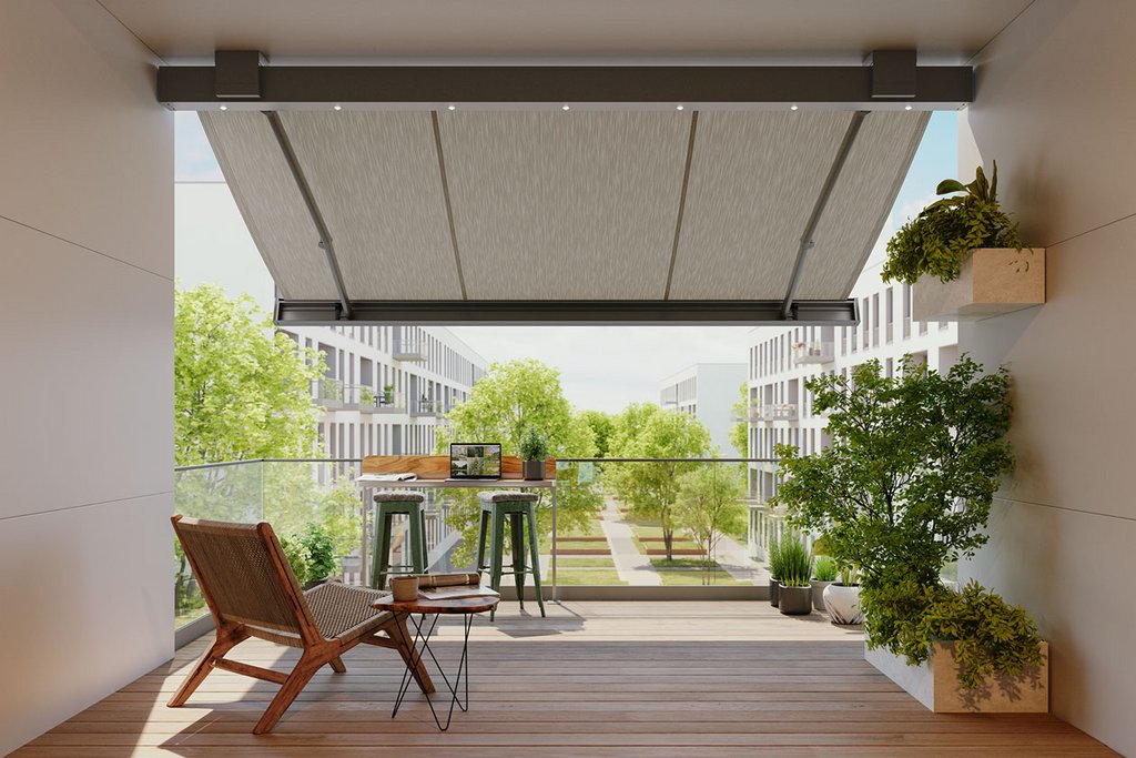 A modern balcony with a awning, plants, and a seating arrangement overlooking green scenery. A modern balcony with a awning, plants, and a seating arrangement overlooking green scenery.