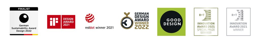 A row of various design award logos on a white background.