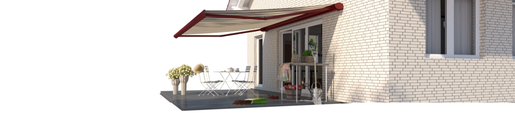 A terrace with a red striped awning above a seating area, surrounded by greenery and buildings in the background.