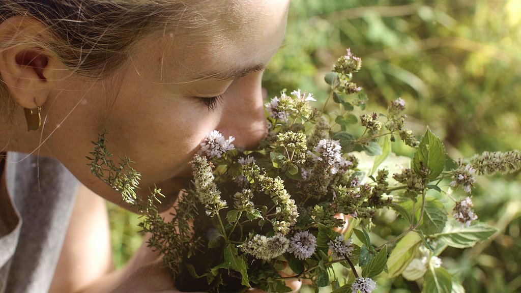 A person smelling a bouquet of herbs and flowers in a natural setting.