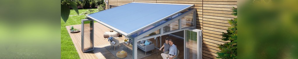 Roof-mounted conservatory awning weinor WGM Top with blue fabric