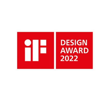 Red squares with white text, featuring "if" logo and "DESIGN AWARD 2022".