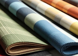 A collection of rolled fabrics in various colours and patterns, featuring stripes and blocks. 