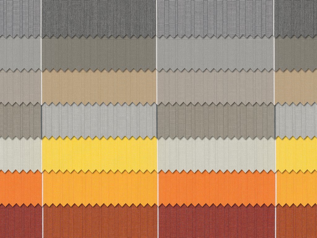 A collection of fabric swatches in various shades of grey, yellow, orange, and red with zigzag edges. A collection of fabric swatches in various shades of grey, yellow, orange, and red with zigzag edges.