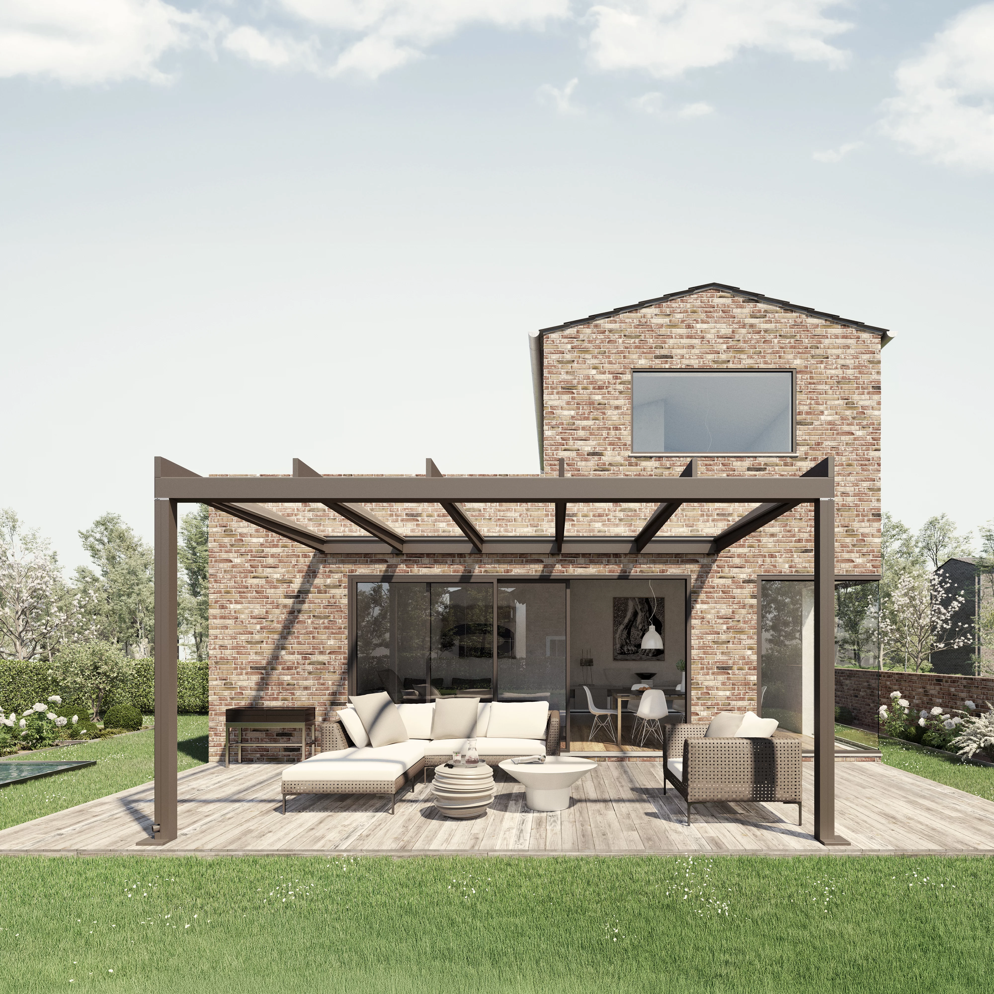 A modern house with a glass roofed terrace, featuring a brown structure and outdoor seating.