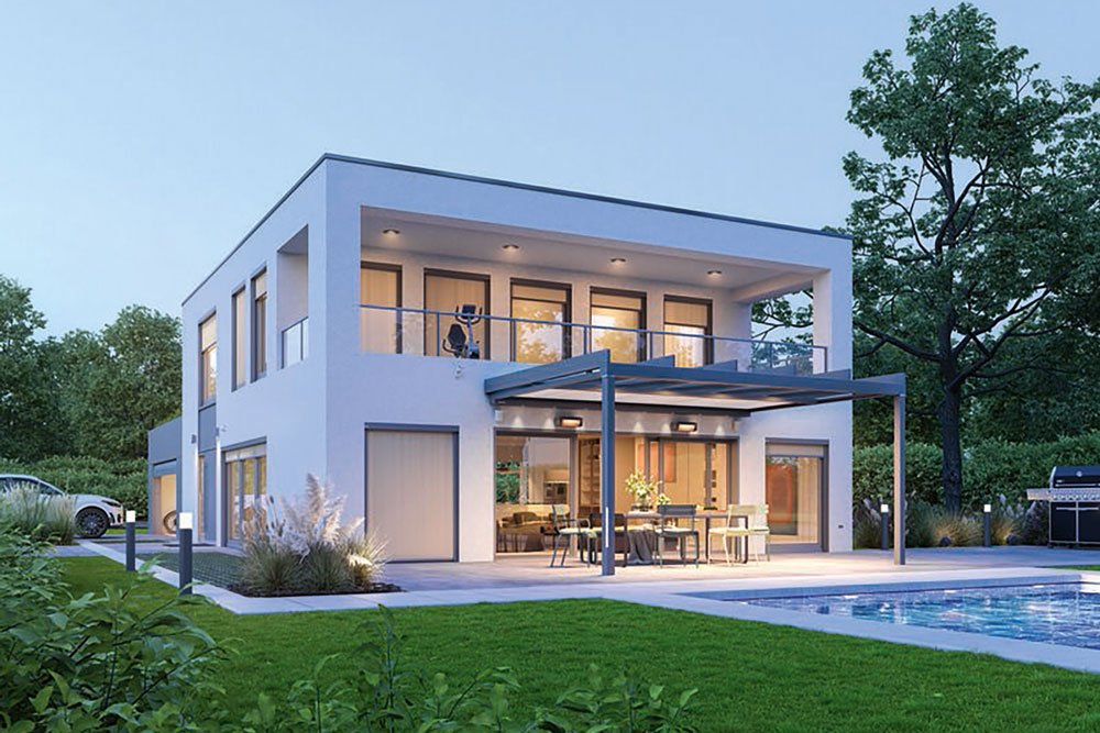 A modern white house with large windows, a terrace, and a swimming pool in a green garden setting.