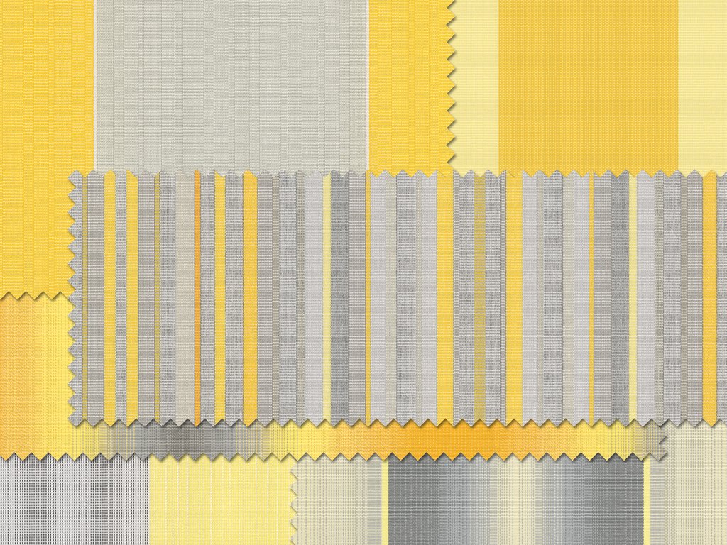 Swatches of fabric in yellow, grey, and various patterns arranged in a grid layout.