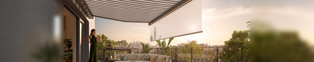 A modern terrace with a large retractable awning and a woman standing, framed by greenery and a sunset. A modern terrace with a large retractable awning and a woman standing, framed by greenery and a sunset.