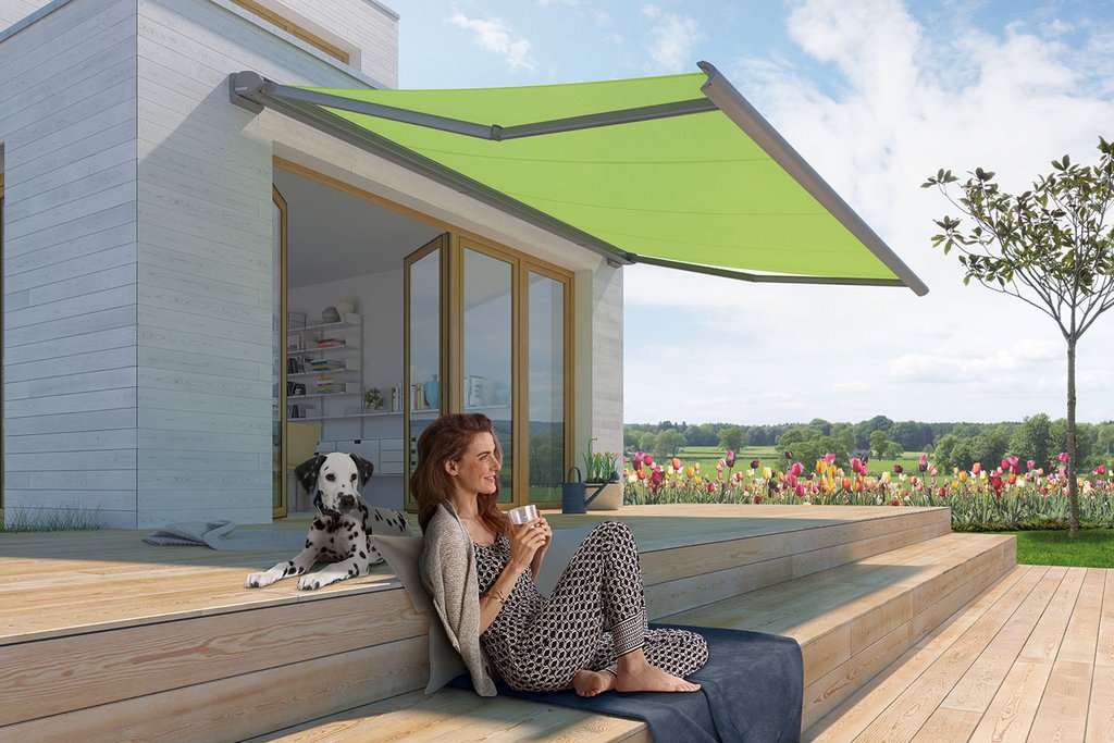 A woman sits on steps with a drink, accompanied by a dog, under a green awning in a bright outdoor setting. A woman sits on steps with a drink, accompanied by a dog, under a green awning in a bright outdoor setting.