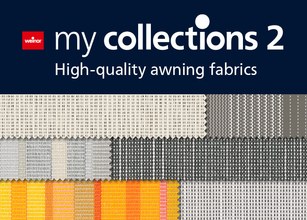 Collection of high-quality awning fabrics in various textures and colours, including grey, yellow, and orange. 