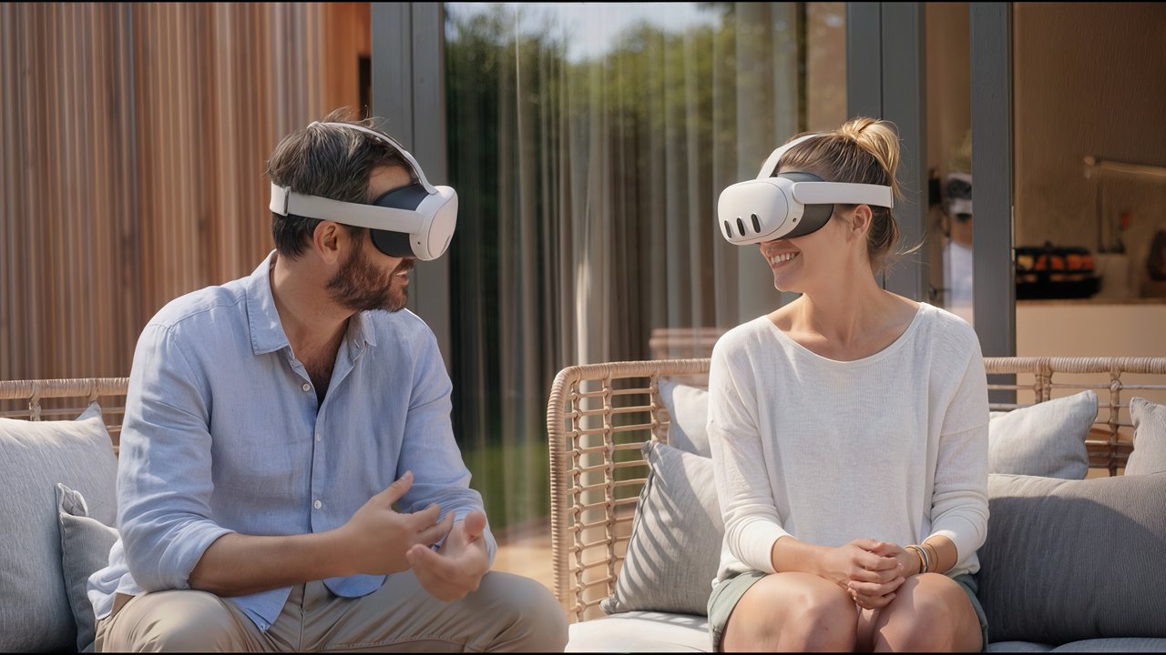 A man and a woman wearing VR headsets, seated on a couch, engaged in conversation.