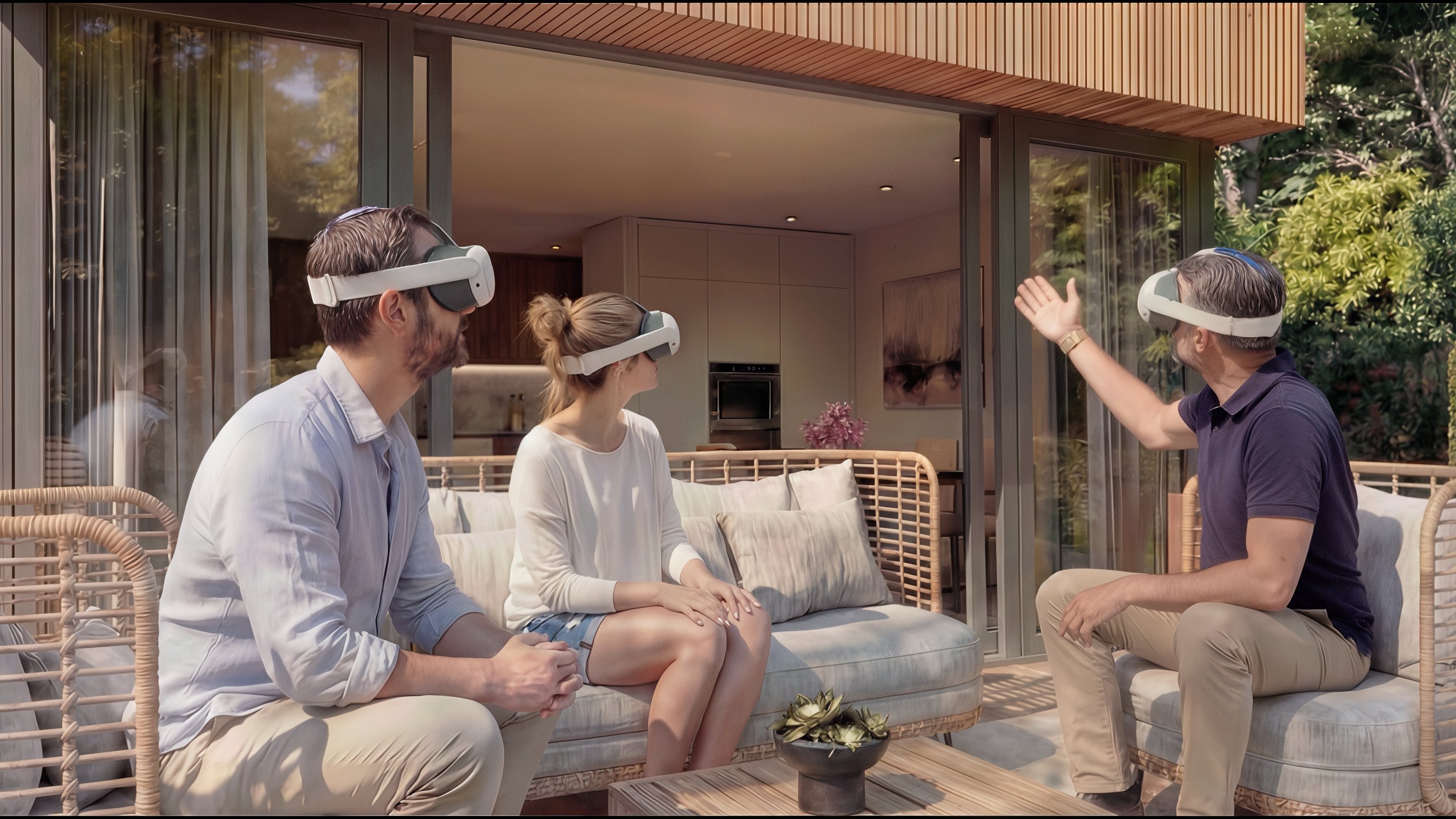 Three people wearing virtual reality headsets seated in a modern outdoor living space.