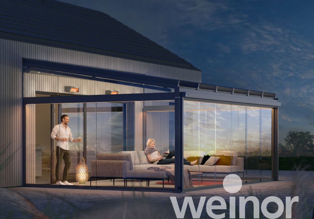 Glass patio roof weinor Terrazza Sempra with coloured LED strips, Glasoase®