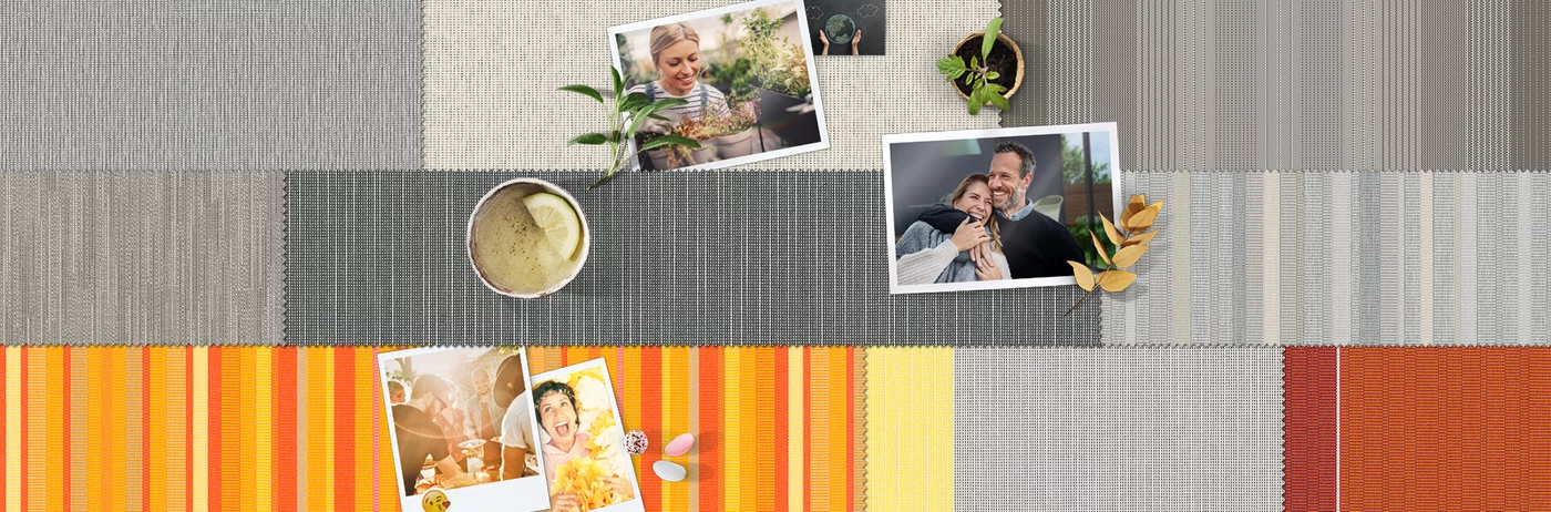 A collage featuring various textures and colours, predominantly grey, orange, and white stripes.