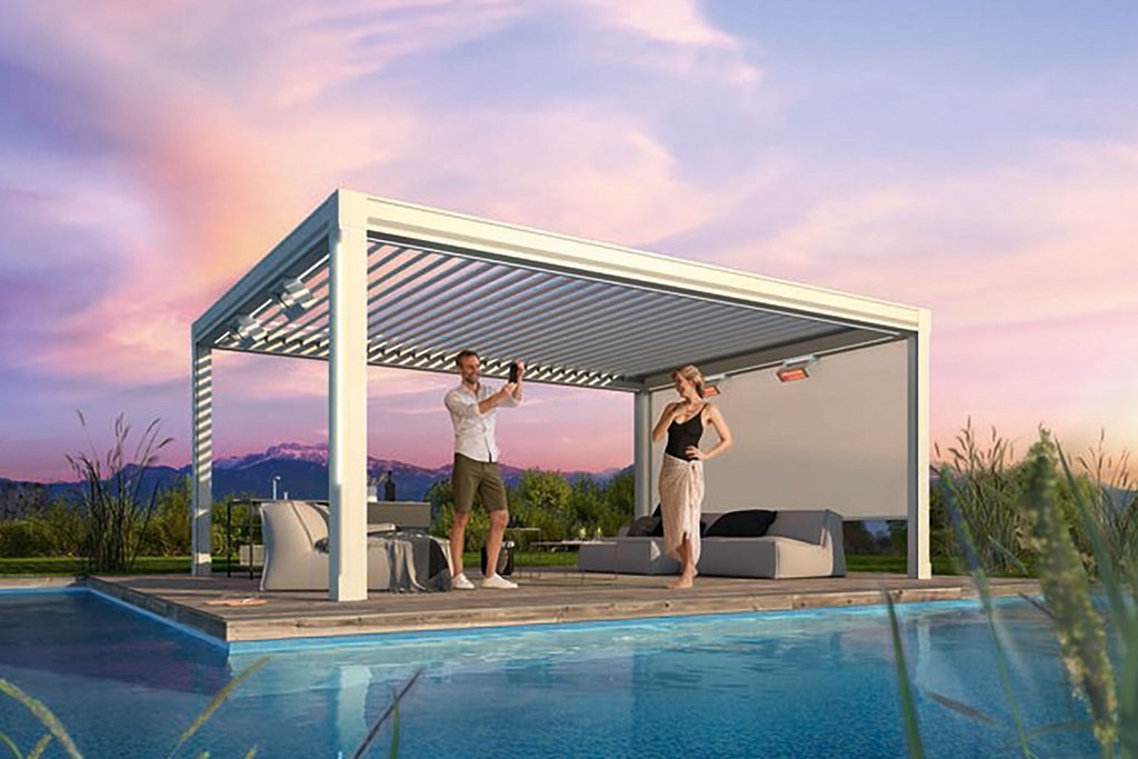 A modern overhang structure beside a swimming pool, with two people standing on a wooden deck. A modern overhang structure beside a swimming pool, with two people standing on a wooden deck.