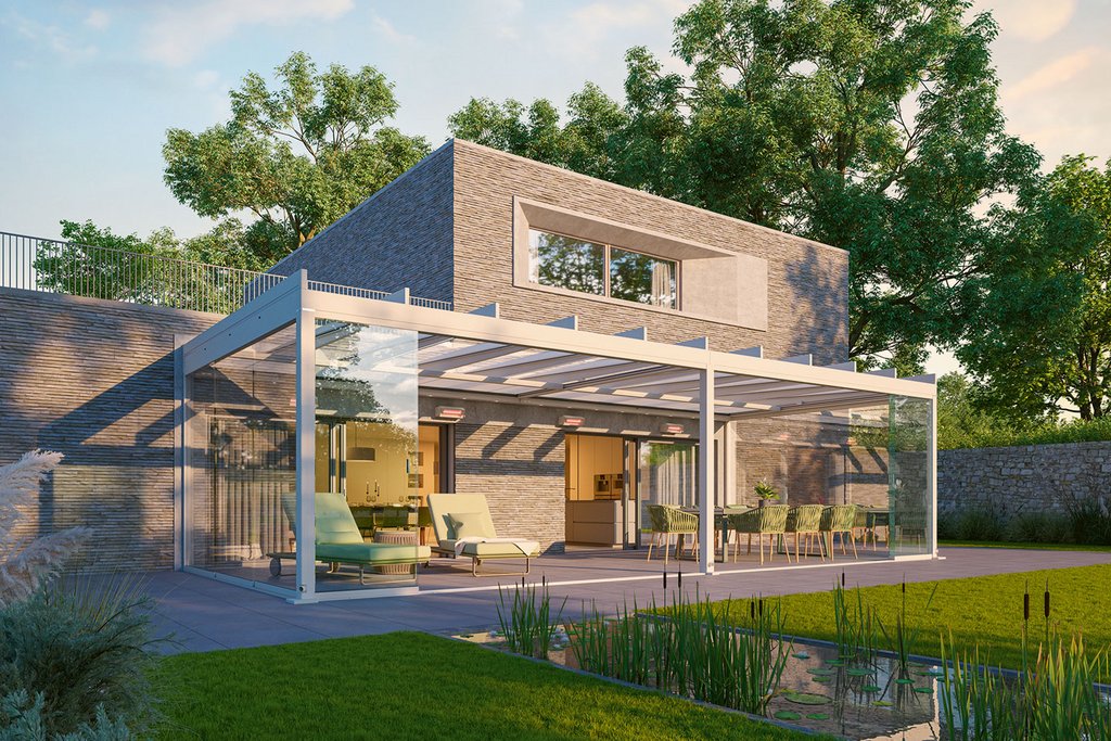 Modern house with a glass-covered terrace and surrounding greenery under a bright sky.