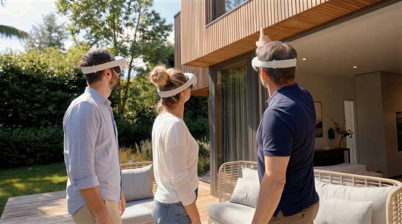 Three people wearing headsets point and look at a modern house with large windows and wooden detailing.