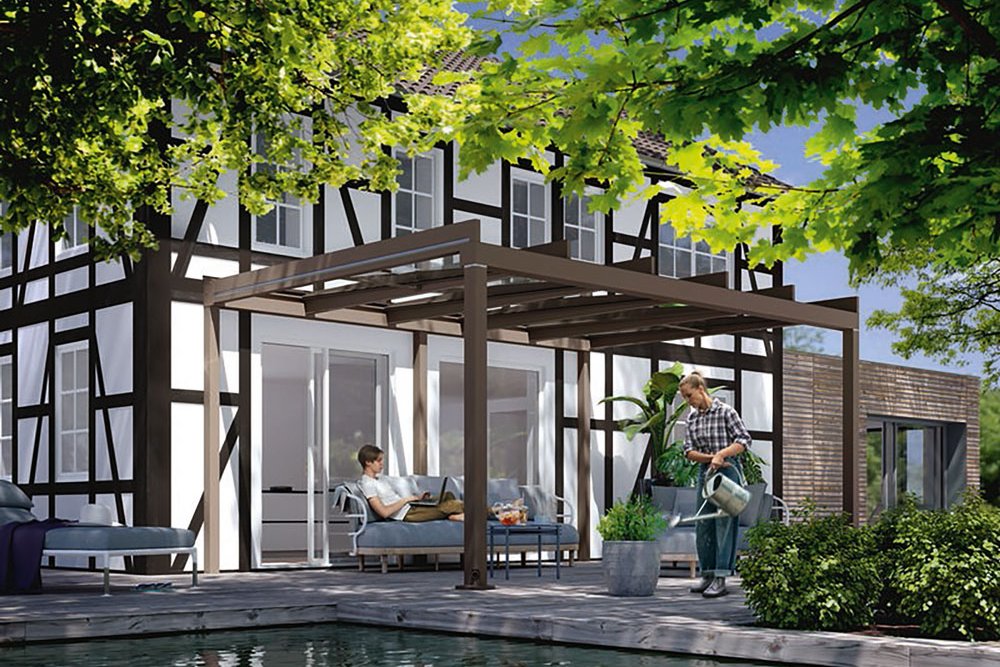 A modern outdoor terrace with a pergola, surrounded by greenery and a tranquil water feature. A modern outdoor terrace with a pergola, surrounded by greenery and a tranquil water feature.