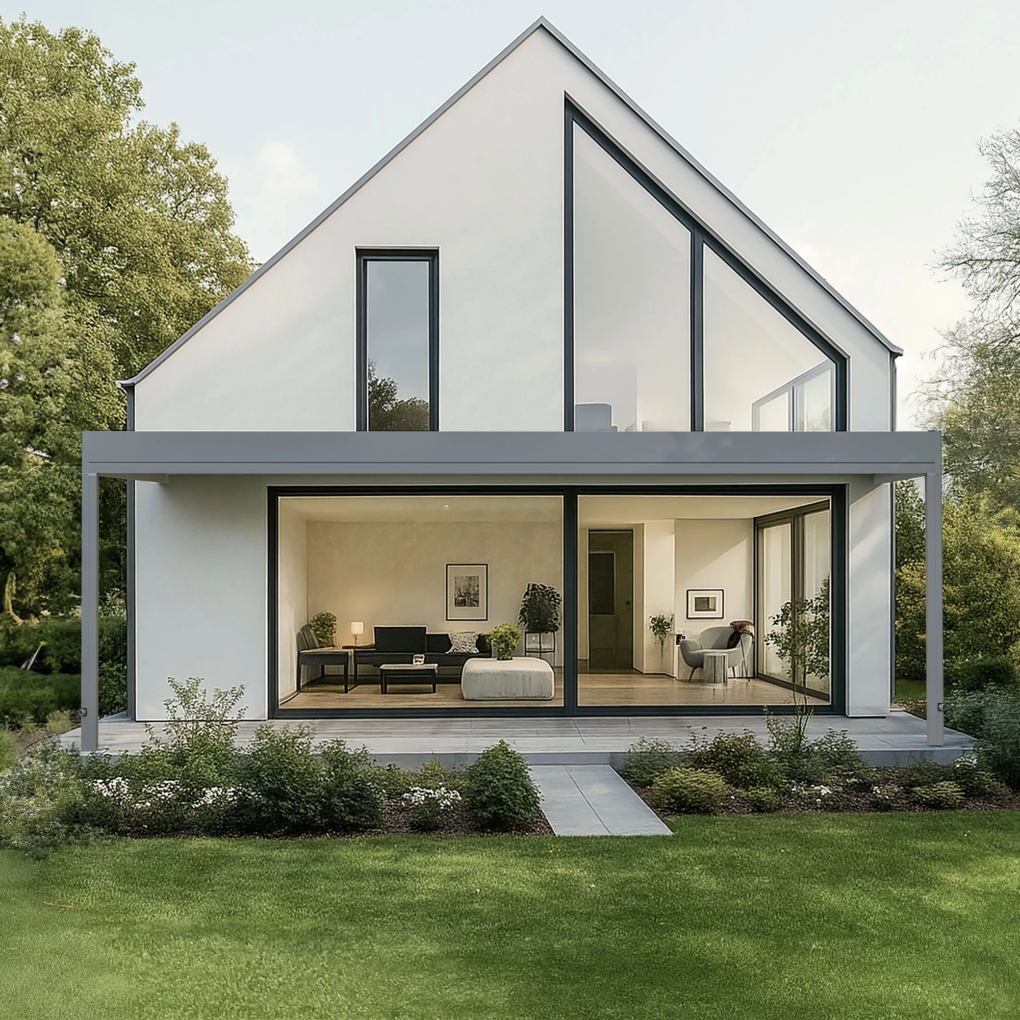 Modern white house with large windows and a flat roof, surrounded by greenery.