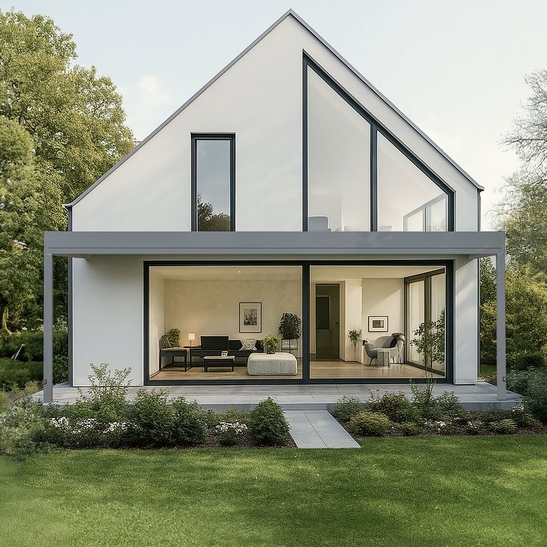 Modern white house with large windows and a flat roof, surrounded by greenery.