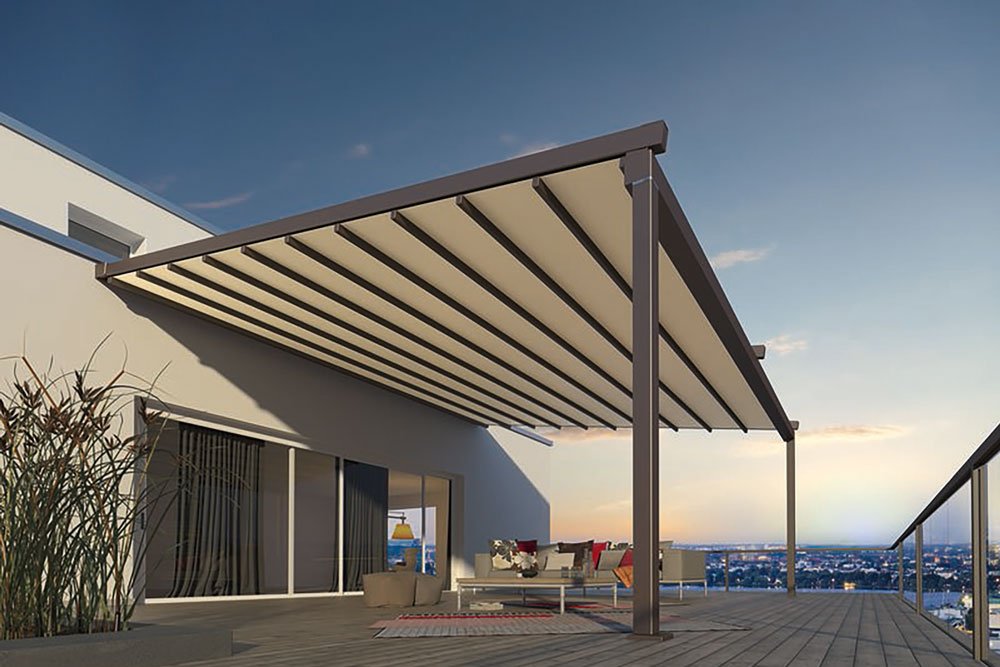 A modern overhanging structure with a light-coloured canopy, situated on a wooden deck at sunset. A modern overhanging structure with a light-coloured canopy, situated on a wooden deck at sunset.