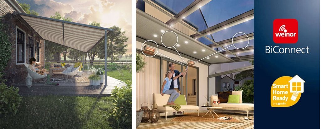 A modern terrace with an awning, featuring LED lighting and a relaxing outdoor seating area.