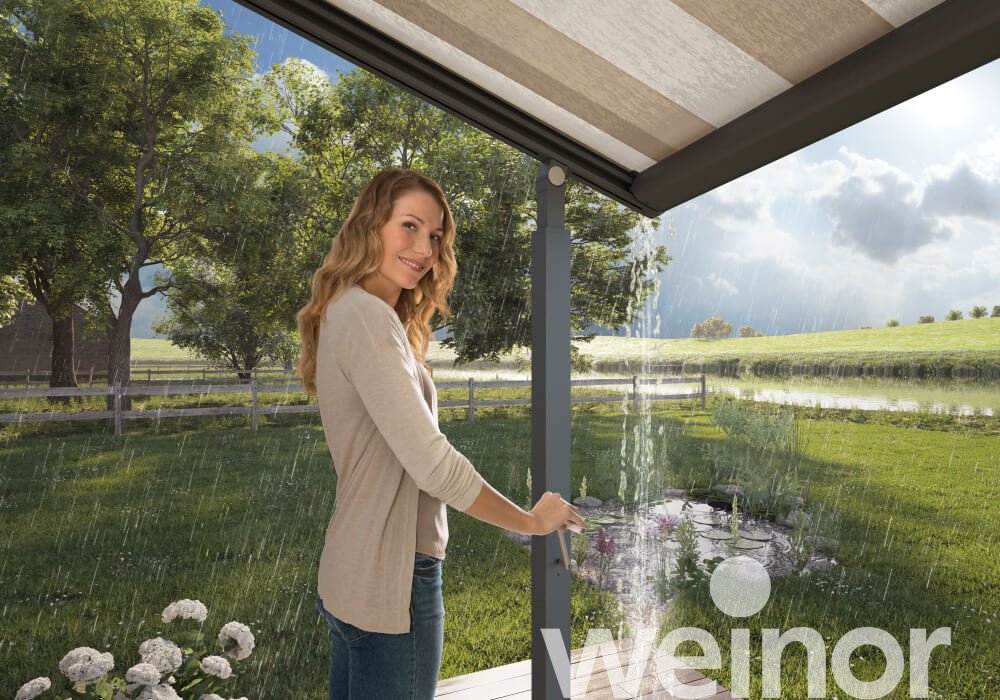 Plaza Viva - the weinor textile pergola awning without LED light bar, Close up