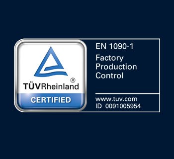 Certification badge with a blue background and silver border, featuring a triangle logo.