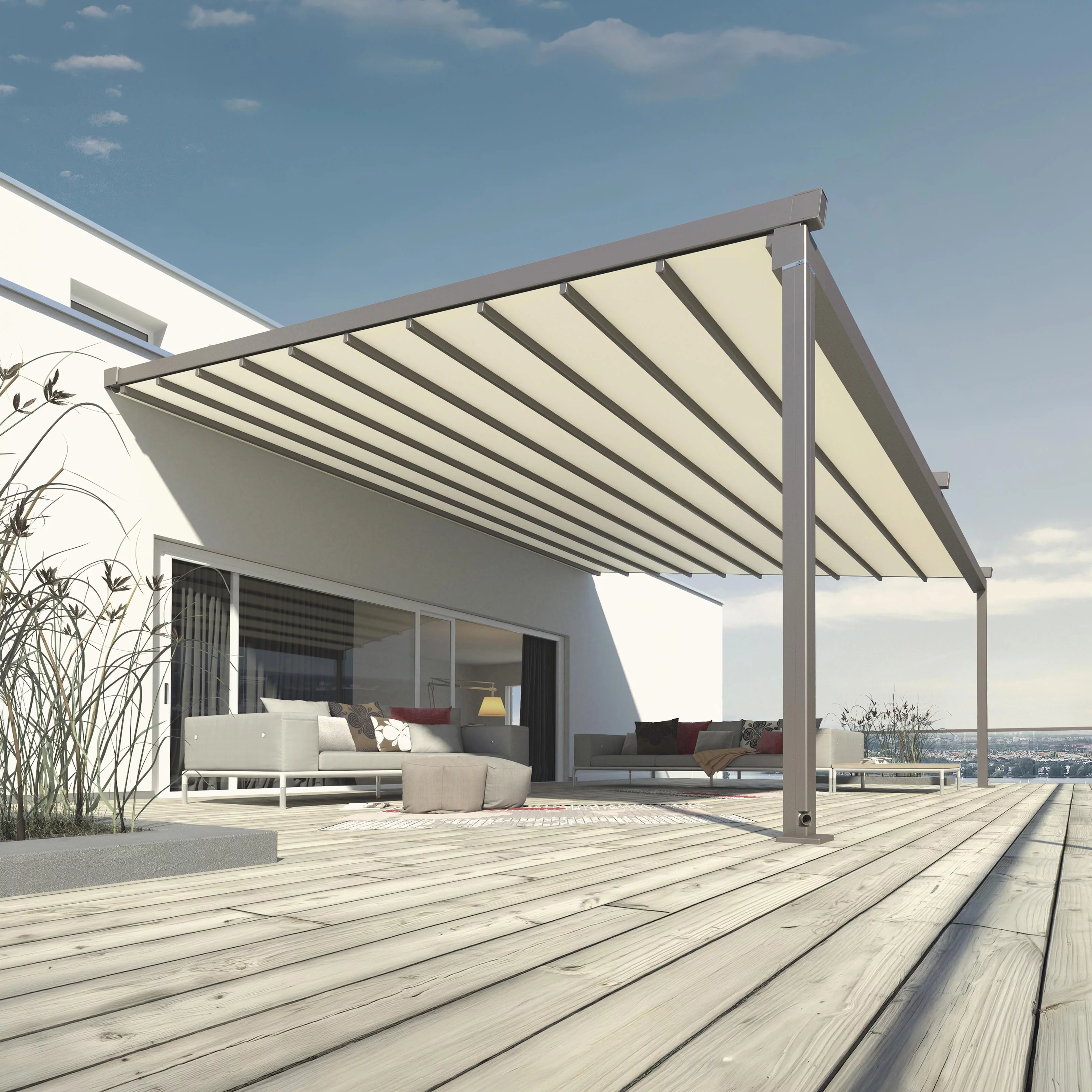 A modern terrace with a large overhanging awning and minimalist seating area.