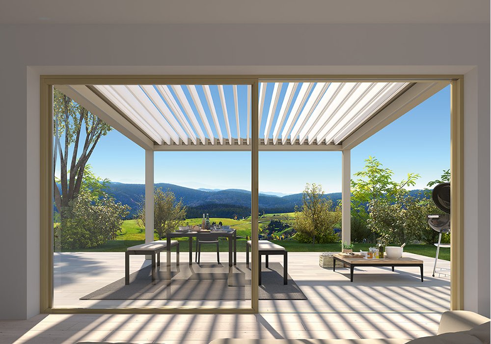 A modern terrace with a pergola overlooking a scenic landscape and greenery. A modern terrace with a pergola overlooking a scenic landscape and greenery.