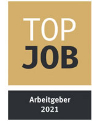 Logo with a gold background and black text, featuring the words "TOP JOB" and "Arbeitgeber 2021".