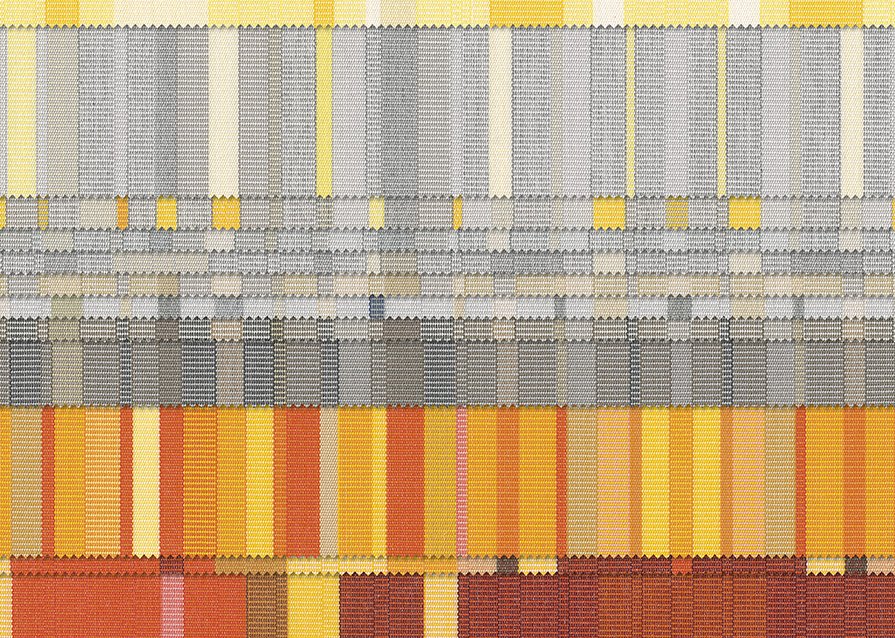 A pattern of horizontal stripes in shades of yellow, grey, orange, and red.