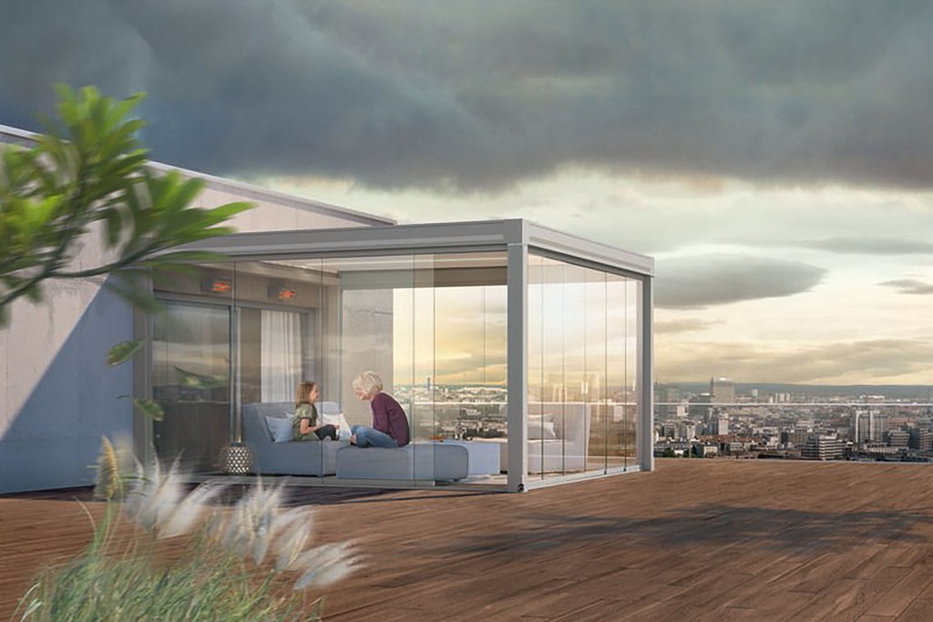 A modern terrace with a glass structure, wood flooring, and green plants under a cloudy sky. A modern terrace with a glass structure, wood flooring, and green plants under a cloudy sky.