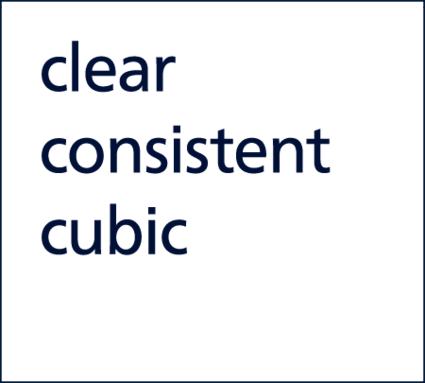 Text in bold font on a white background with a dark border. Words include "clear," "consistent," and "cubic."