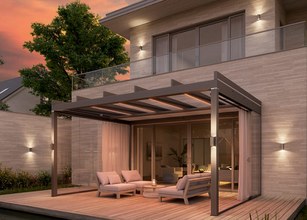 Modern outdoor seating area under a sleek overhang, illuminated by soft lighting at sunset. 
