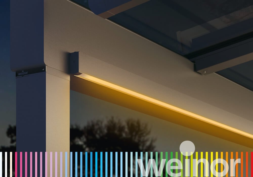 Glass patio roof weinor Terrazza Sempra Close up, with coloured LED strips