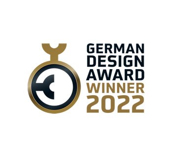 Logo featuring a stopwatch design, with text indicating "German Design Award Winner 2022" in black and gold.