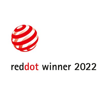 Red and white striped sphere with text "red dot winner 2022" in black font.