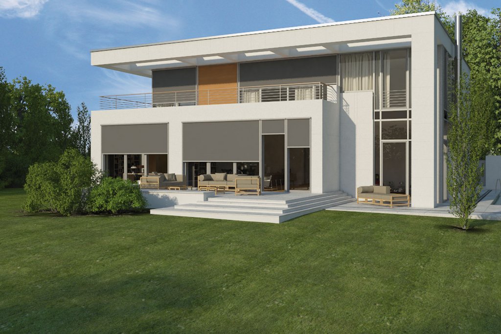 Modern house with large windows, terrace, and glass sliding walls, surrounded by green lawn and trees. Modern house with large windows, terrace, and glass sliding walls, surrounded by green lawn and trees.