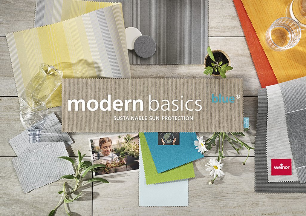 Fabrics and samples in various colours and patterns, with text overlay about sustainable sun protection.
