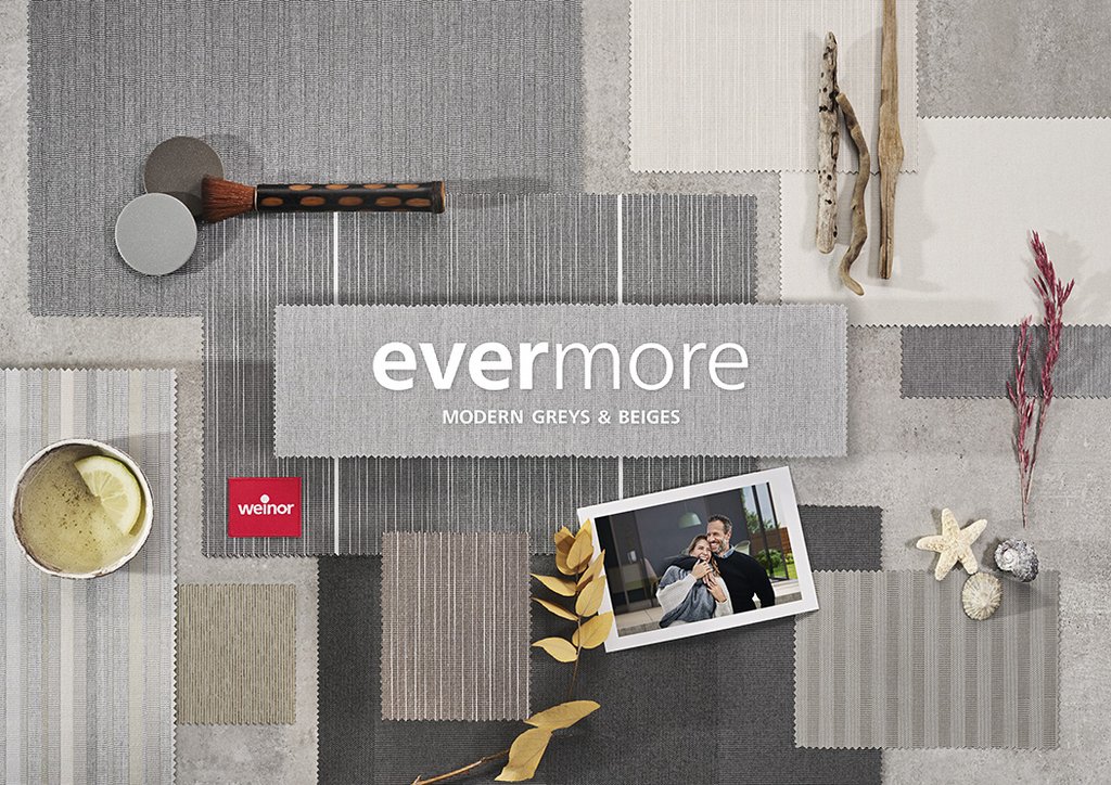 A flat lay of various textures and patterns in shades of grey and beige with decorative elements.