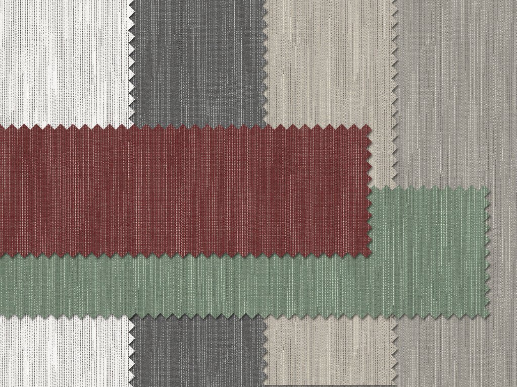 A textured fabric sample in various neutral tones with a central red and green stripe. A textured fabric sample in various neutral tones with a central red and green stripe.
