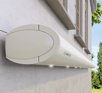 Long white awning box mounted on a wall with a sleek, rounded design.