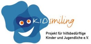 Logo with a blue abstract design, featuring a smiling face and the word "KIDsmiling" in orange.