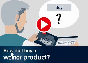 Illustration of a man looking at a brochure with a red play button and the word "Buy" above. 